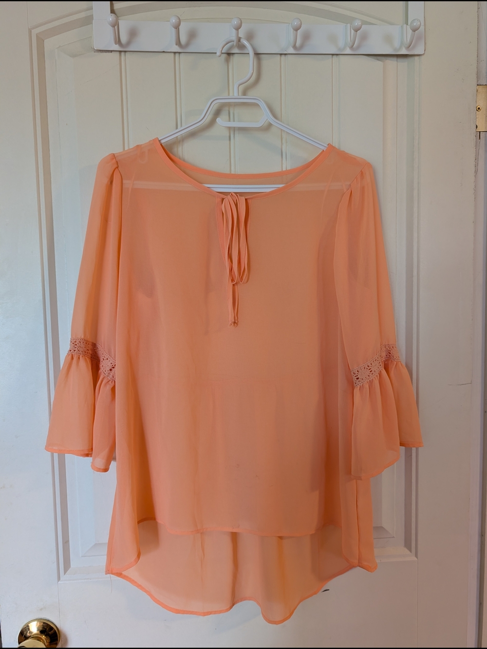 Peach Tie-Neck Chiffon Bell-Sleeve Blouse